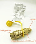 Solid Brass Half Inch Gas Quick Connect Kit With Female Insert Plug And Half Inch Male NPT Fittings For Natural Gas Or Propane Hookups On Grills And Outdoor Appliances Easy Quick Disconnect Adapter showing brass fittings, plug, and instructions.