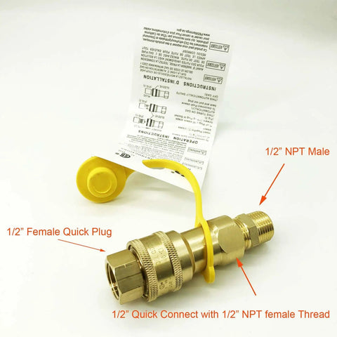 Solid Brass Half Inch Gas Quick Connect Kit With Female Insert Plug And Half Inch Male NPT Fittings For Natural Gas Or Propane Hookups On Grills And Outdoor Appliances Easy Quick Disconnect Adapter showing brass fittings, plug, and instructions.