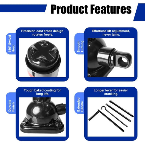 Features of the 2 Ton Spiral Car Jack With Telescoping Handle, Swivel Top Mechanical Bottle Jack, 7.08 to 15.35 Inch Lift