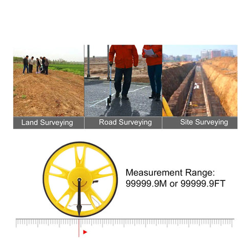 Kuuleyn Digital Display Rangefinder Wheel with yellow wheel, showing measurement range 99999.9 M Ft, used in surveying activities.