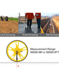 FTVOGUE Folding Distance Measuring Wheel with Digital Display and 99999.9FT Range, yellow wheel with measurement scale.