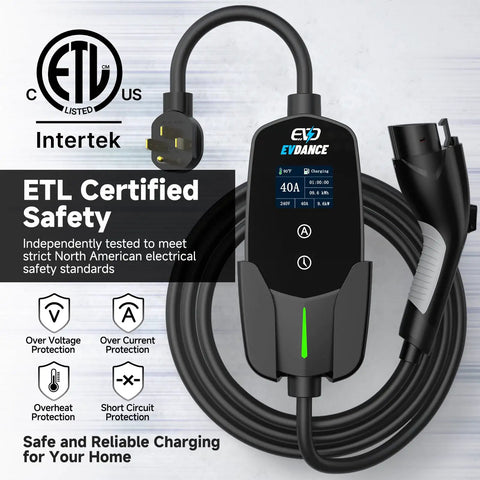 Level 2 EV Charger 40 Amp 240 V 9.6 kW Portable Home Charging Station With NEMA 14-50P 25 Ft Cable Adjustable Current And Timing Delay