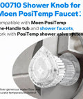 Close-up of installed Shower Handle Replacement Knob 100710 for Posi-Temp one-handle tub and shower faucet.