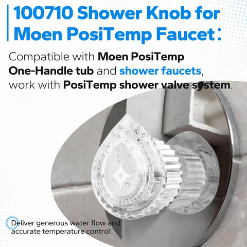 Close-up of installed Shower Handle Replacement Knob 100710 for Posi-Temp one-handle tub and shower faucet.