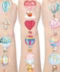 Hot Air Balloon Temporary Tattoos Set With 200 Plus Stickers On 8 Sheets For Party Decor And Prizes Ideal For Birthday Parties And Balloon Theme Celebrations Totally Great For Party Favors Crafts And Safe Fun For Kids displayed on arms with colorful designs