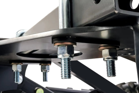 Close-up of ATV UTV Disc Harrow Implement for Tough Ground With Eight Rotating Discs, showing heavy-duty bolts and frame.