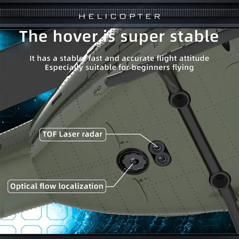 Close-up of UH-1 Huey RC Helicopter 1 To 48 Scale For Adults Dope 2.4Ghz with visible TOF lidar and optical flow sensors.