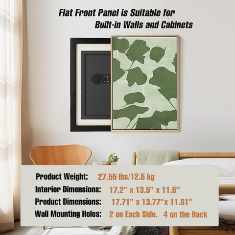 Biometric Safe Box With Keypad Lock installed in a wall, next to framed art, showing interior dimensions and wall mounting holes.