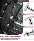 8Pcs Badass Rust Resistant Engine Splash Shield Hardware Kit With Lower Cover Pin Screws and Corrosion Proof Aluminum Fasteners close-up of fasteners on engine splash shield.