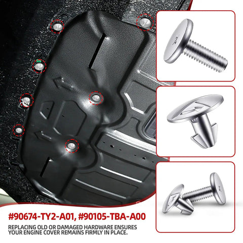 8Pcs Badass Rust Resistant Engine Splash Shield Hardware Kit With Lower Cover Pin Screws and Corrosion Proof Aluminum Fasteners close-up of fasteners on engine splash shield.