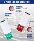 Half Inch Drive Wheel Protector Deep Impact Socket Set Seven Piece Ultra Thin Wall 6 Point Metric Kit With Color Coded Lug Nut Sockets 17mm 19mm 21mm 22mm 23mm 24mm 27mm Beefed Up Nylon Sleeve with green and red color coded sockets, highlighting thin wall design and phosphate finish on sockets.