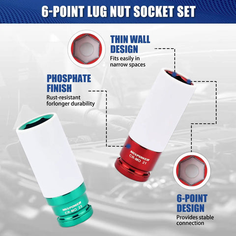 Half Inch Drive Wheel Protector Deep Impact Socket Set Seven Piece Ultra Thin Wall 6 Point Metric Kit With Color Coded Lug Nut Sockets 17mm 19mm 21mm 22mm 23mm 24mm 27mm Beefed Up Nylon Sleeve with green and red color coded sockets, highlighting thin wall design and phosphate finish on sockets.