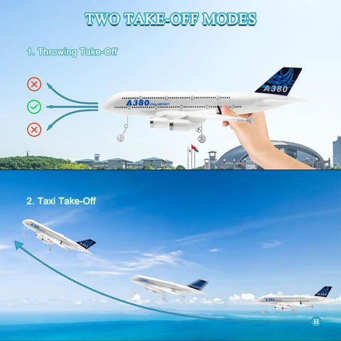 Two Channel Ready To Fly Remote Control Airplane with lightweight aerodynamic design showing two take-off modes for smooth flight.