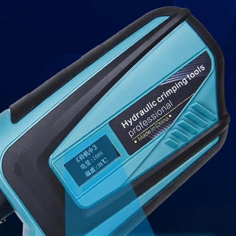 Close-up of Heavy Duty Portable Rechargeable Hydraulic Cable Crimper Quickly Crushes Copper And Aluminum Terminal Connectors Fast With Dual Lithium Battery Packs For Daily Trade Grind.