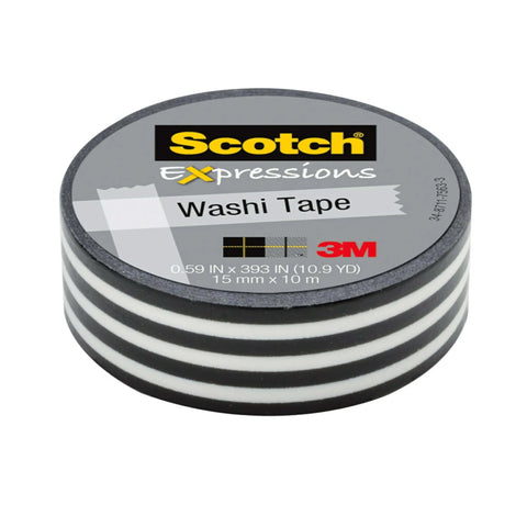 Black Stripe Washi Craft Tape, 6-Roll Pack, 0.59 in x 393 in, decorative adhesive paper tape spool with black and white stripes
