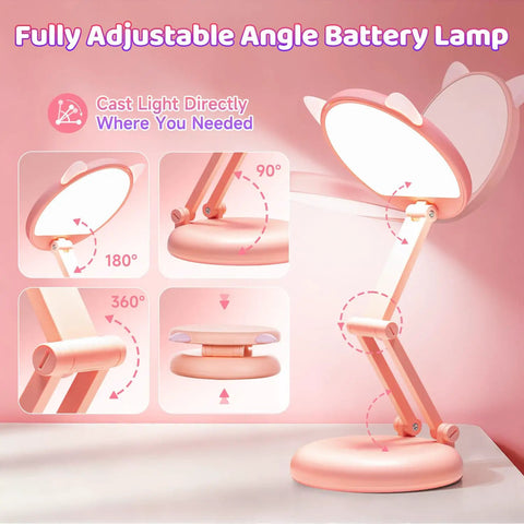 Pink Foldable Desk Lamp For Dorm Rooms And College Girls Rechargeable and Dimmable Portable Cat Lamp with adjustable angles