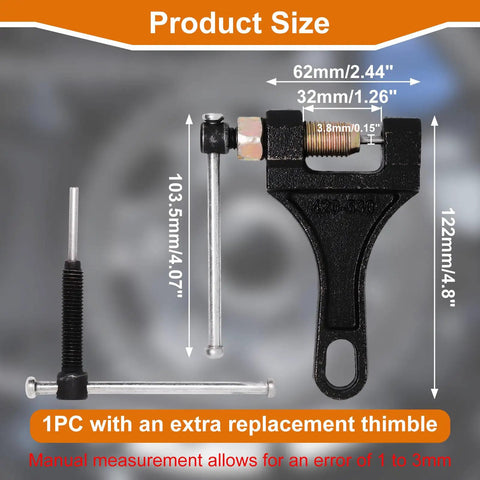 Beefy Motorcycle Chain Breaker Tool For 420 428 520 525 528 530 Roller Chains showing size and extra replacement thimble