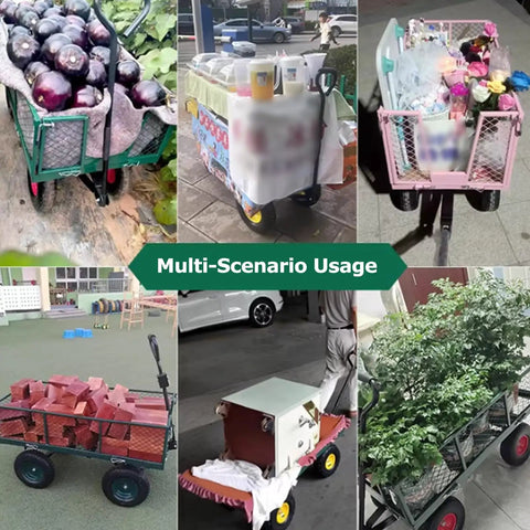 Beefy All Terrain Utility Cart Heavy Duty Garden Trailer with 110-330 lbs load, carrying fruit, drinks, flowers, bricks, boxes, plants