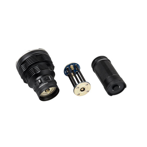K70 LED Flashlight With CREE XHP35 HI LED, 2600 Lumens, 1300 Meter Throw, Rugged Black Finish components shown