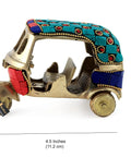 Dope Vintage Brass Auto Rickshaw Miniature Showpiece For Living Room Decor Tabletop Accent with colorful gems, 4.5 x 2.4 x 3 inches.