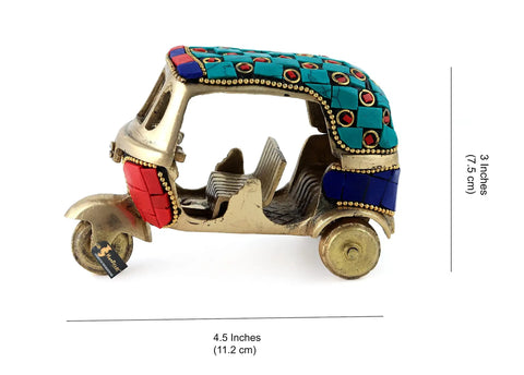 Dope Vintage Brass Auto Rickshaw Miniature Showpiece For Living Room Decor Tabletop Accent with colorful gems, 4.5 x 2.4 x 3 inches.