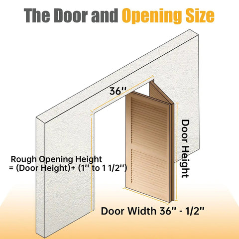 Diagram showing door opening size with dimensions for Premium Bifold Closet Door Hardware Kit With Solid One Piece 36 Inch Track Bracket.