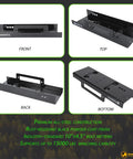 Beefed Up Heavy Duty Universal Winch Mounting Plate For Trucks, SUVs And Trailers With 15,000 Lbs Capacity, 10 X 4.5 Inch Raised Bolt Pattern, Fairlead Flange And Hardware For Off Road Recovery. Black steel winch plate front, top, back, and bottom views