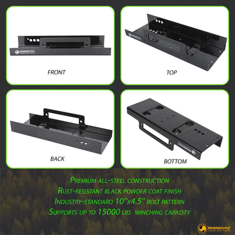 Beefed Up Heavy Duty Universal Winch Mounting Plate For Trucks, SUVs And Trailers With 15,000 Lbs Capacity, 10 X 4.5 Inch Raised Bolt Pattern, Fairlead Flange And Hardware For Off Road Recovery. Black steel winch plate front, top, back, and bottom views