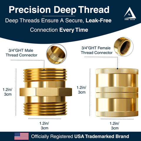 3/4 inch GHT brass connectors, male and female, from Heavy Duty Garden Hose Connector Set Beefed Up For Real Leak Proof Male To Male