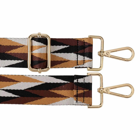 Wide Adjustable Jacquard Purse Strap For Women With Gold Hardware Thick Woven Crossbody Bag Replacement Strap In Leaf Brown details with gold clips.