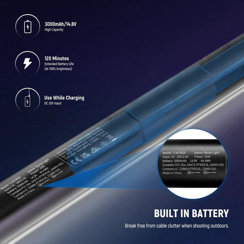 Close-up of Handheld TL60 RGB Tube Light 20W Full Color LED Video Wand With App 2 4G DMX Control showing battery details.