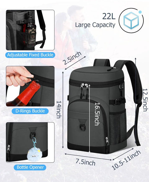 22L Waterproof Insulated Cooler Backpack For Beach, Hiking, Camping And Travel with adjustable straps and bottle opener