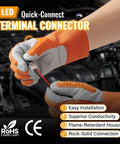 Gloved hands using 50 Pcs D2 Quick Connect Wire Connectors for LED Strip Lights Two Pin with Locking Buckle No Tools Needed.
