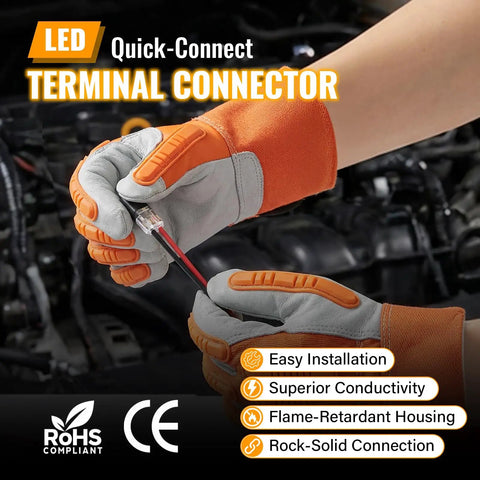 Gloved hands using 50 Pcs D2 Quick Connect Wire Connectors for LED Strip Lights Two Pin with Locking Buckle No Tools Needed.