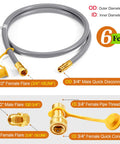Six Foot Natural Gas Hose With Quick Connect Fitting For Grills Generators Patio Heaters And More Low Pressure One Half Inch Inner Diameter CSA Certified Flexible And Durable Gas Line For Outdoor Appliances, shown with male quick disconnect and female flare fittings, gray rubber material, detailed fitting sizes.