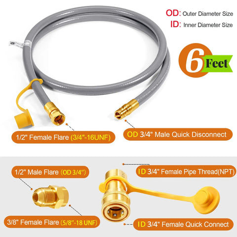 Six Foot Natural Gas Hose With Quick Connect Fitting For Grills Generators Patio Heaters And More Low Pressure One Half Inch Inner Diameter CSA Certified Flexible And Durable Gas Line For Outdoor Appliances, shown with male quick disconnect and female flare fittings, gray rubber material, detailed fitting sizes.