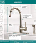 Precept Single Handle Kitchen Faucet With Side Sprayer In Stainless No Fuss Installation guide with dimensions and features shown.