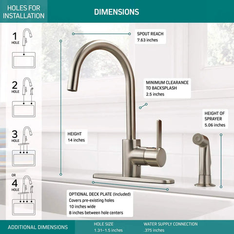 Precept Single Handle Kitchen Faucet With Side Sprayer In Stainless No Fuss Installation guide with dimensions and features shown.