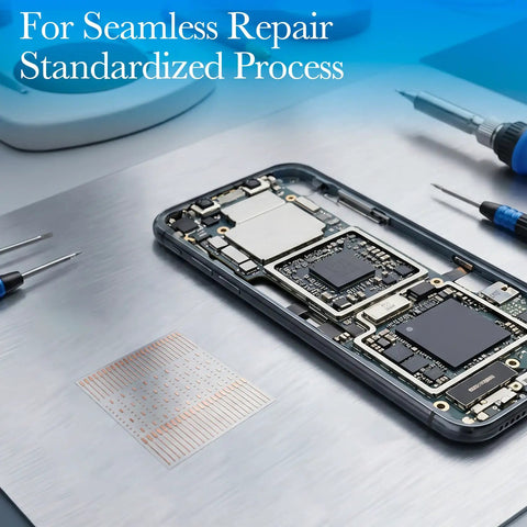 No-Trace 208 Dots Solder Pad Repair Kit for PCB trace repair with mobile phone and tools on metal surface.