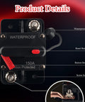Tough As Nails 150 Amp Dc Circuit Breaker With Waterproof Surface Mount Design, Reset Button View, Heavy Duty Copper Wire Lugs.