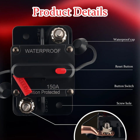 Tough As Nails 150 Amp Dc Circuit Breaker With Waterproof Surface Mount Design, Reset Button View, Heavy Duty Copper Wire Lugs.