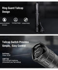 P2 Tactical Pen Light With 1000 Lumens, 886ft Throw, USB-C Rechargeable Or 2AA Compatible, showcasing tailcap design and functions