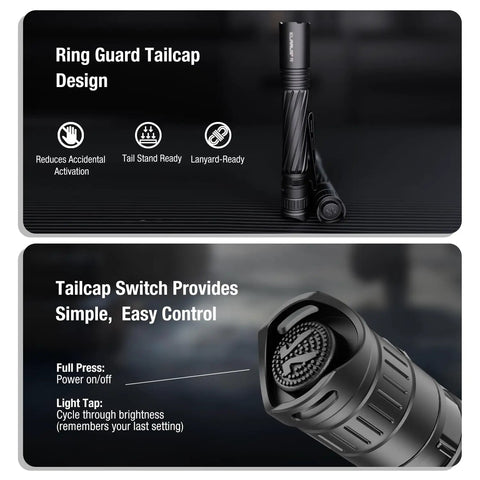 P2 Tactical Pen Light With 1000 Lumens, 886ft Throw, USB-C Rechargeable Or 2AA Compatible, showcasing tailcap design and functions