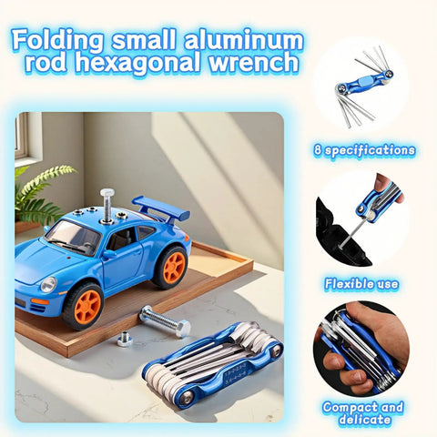 8-In-1 Folding Hex Key Set With Carabiner, CR-V Steel Metric Allen Wrenches 1.5-6mm beside toy car and bolts