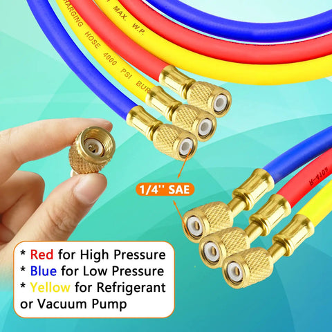 3 Piece AC Manifold Gauge Hose Set With Self Sealing Puncture Style R134A Can Taps, R134A Adjustable Quick Couplers, And Refrigerant Tank Adapters For A C Refrigerants, Charging And Diagnostics. 1/4 SAE hoses