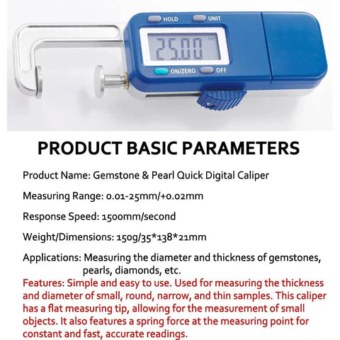 Digital Thickness Gauge 0-25mm, Electronic Vernier Caliper displaying 25.00mm measurement for precision in gemstones and DIY.