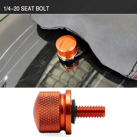 Knurled Aluminum Rear Seat Screw With Rubber Ring For Quarter Inch Twenty Thread Fits Touring Sportster Softail Dyna Street Glide Road King Fat Bob 1996 2025 Orange, showing front view and installed on Harley seat