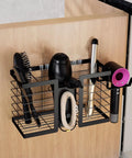 3 In 1 Metal Hair Tool Organizer Wall Mounted Holder For Hair Dryer, Flat Iron, Curling Iron, Straightener And Styling Tools, Bathroom Storage Solution In A Sleek Black Finish installed on wood panel