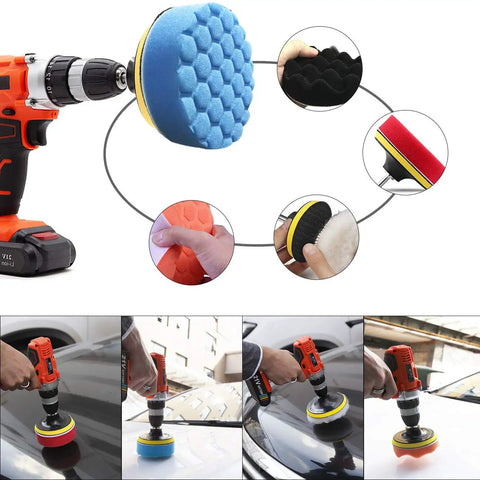 Pro Grade Eraser Wheel Decal Remover Kit For Cars And RVs attached to drill with various pads shown in use on vehicle surfaces.