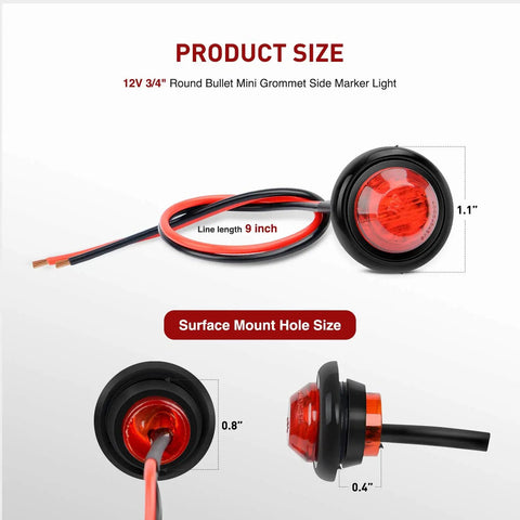 10 Pack 3/4 Inch Round LED Clearance Lights For Trucks RVs Cars Buses Trailers And Boats Front Rear Side Marker Indicator Bullets 12V Red